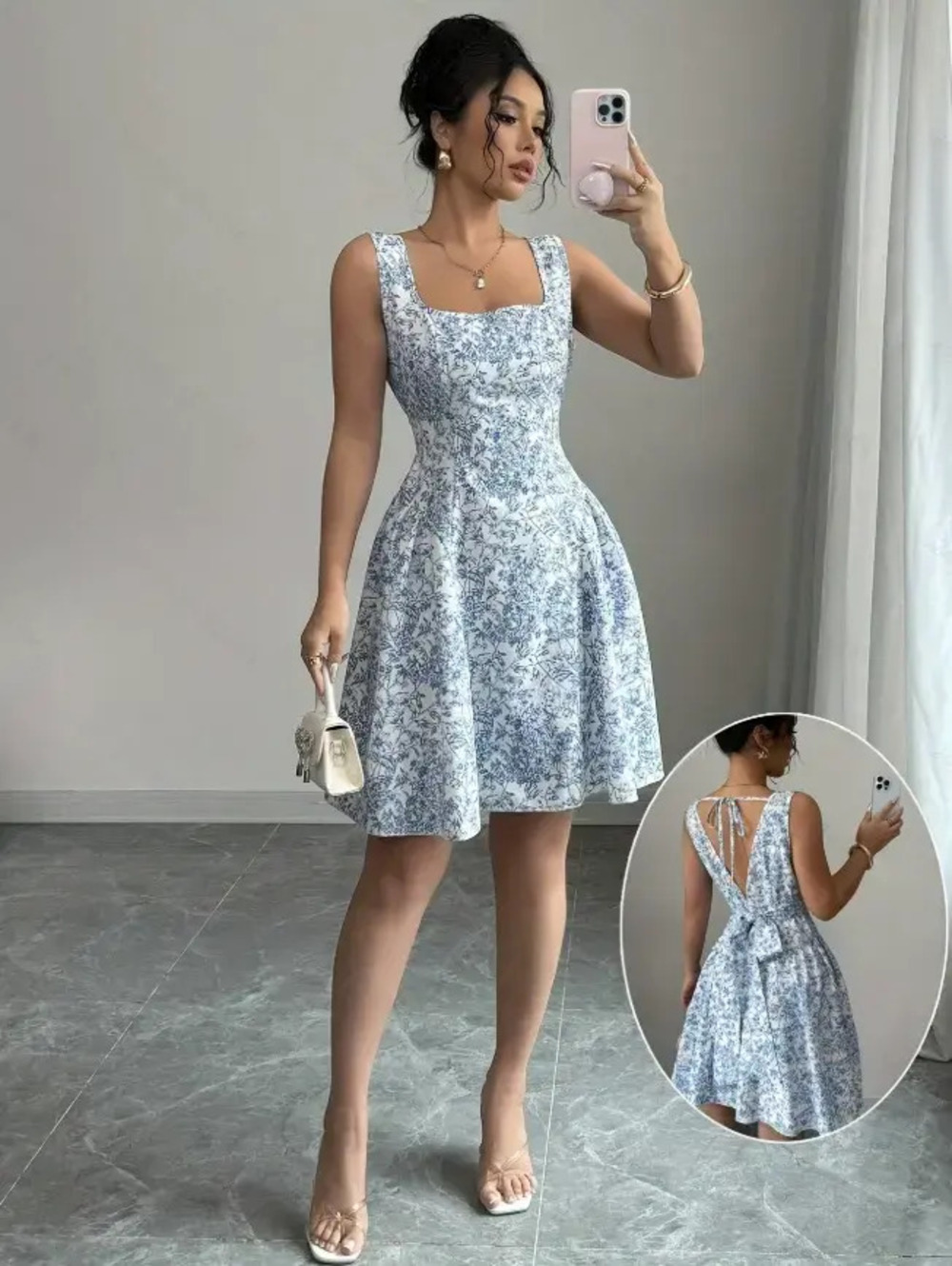 H&M Women Elegant Bohemian Backless Floral Print Square Neck Dress Bow Tie